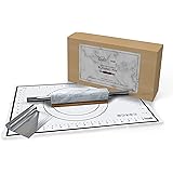 Fistukit White Marble Rolling Pin with Stainless Steel Handles Baking Set - Silicone Baking Mat, Bench Scraper, Wooden Base- 