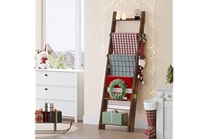 Hzuaneri Blanket Ladder for Living Room, Decorative Quilt Rack with 4 Removable Hooks, 6-Tier Blanket Ladder Shelf for Bedroom,Rustic Brown BR30601X