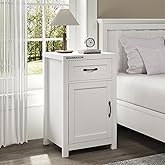NOVAMAISON Farmhouse End Table, 30” Tall Rustic Nightstand with Drawer and Storage Cabinet, Wood Sofa Side Bedside Table with Adjustable Shelf for Living Room, Bedroom, White