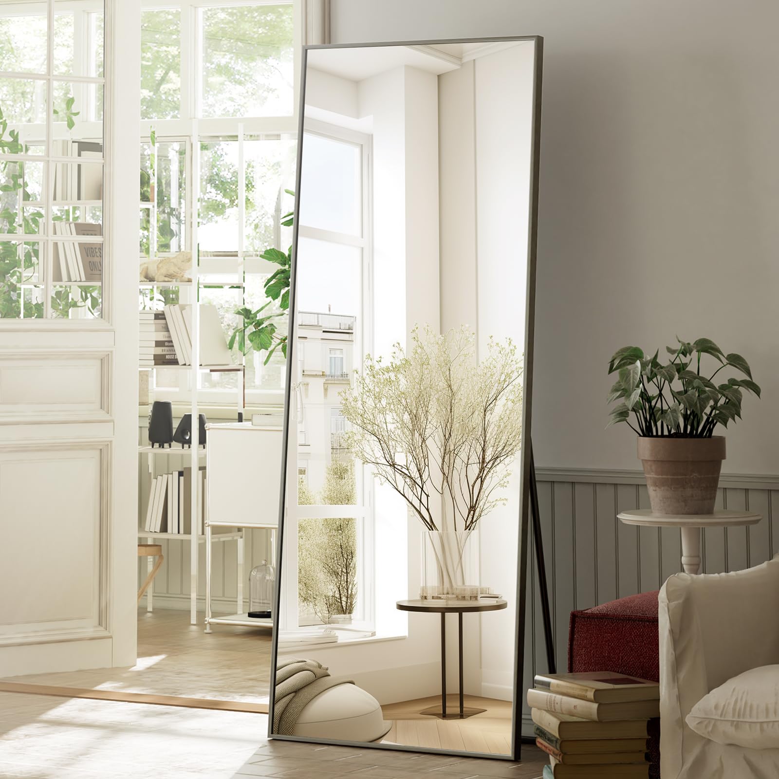 Photo 1 of  Floor Mirror Full Length, Bedroom Floor Body Mirror with Stand, Black Mirror, Leaning, Standing or Hanging Horizontally/Vertically