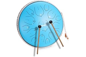 14 Inch 15 Note Steel Tongue Drum Qingshi Percussion Instrument Lotus Hand Pan Drum with Drum Mallets Carry Bag，Used for music education concert spiritual healing yoga meditation (Lake blue)