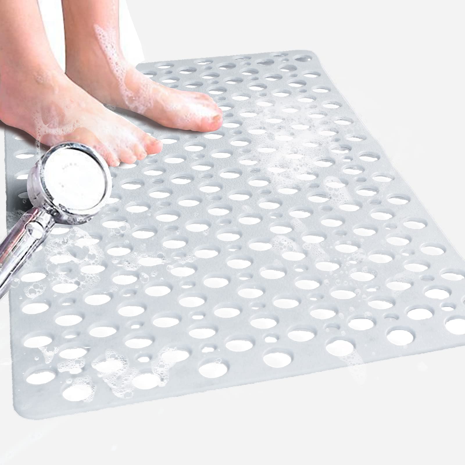 Venuso Square Shower Mats Non Slip Anti Mould, 43 x 75 cm Rubber Anti Slip Bath Mat with Drain Holes, Machine Washable, White