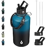 BJPKPK 2/3 Gallon Water Bottle with Straw Lid, 87oz Large, Stainless Steel Water Bottles with 3 Lids and Paracord Strap, Double Wall Vacuum Metal Jug, Blue & Black