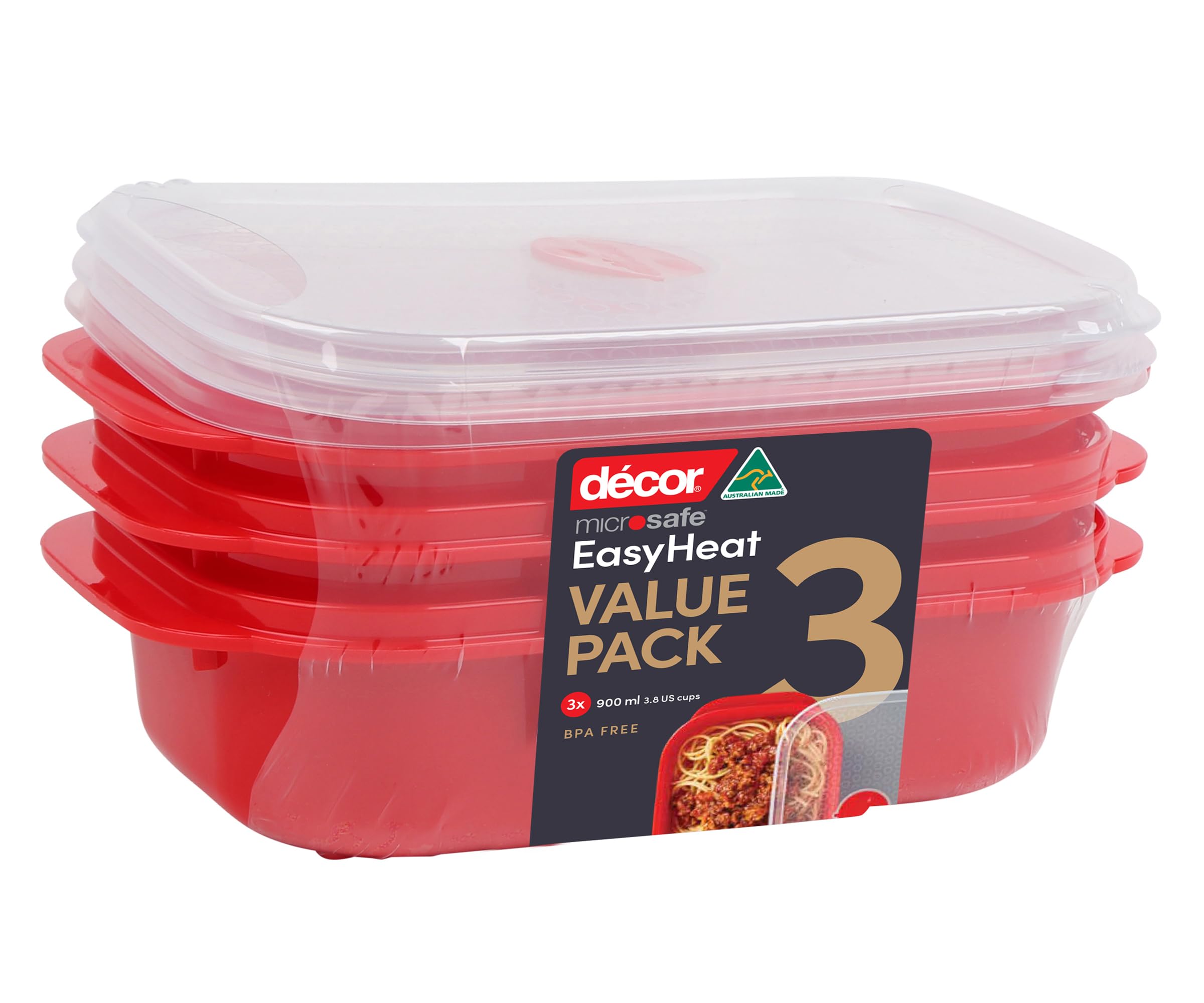 Décor Microwave Food Containers Set | 3 Pack - 3 x 900ml | Steam Release Vent | Dishwasher & Freezer Safe | Red