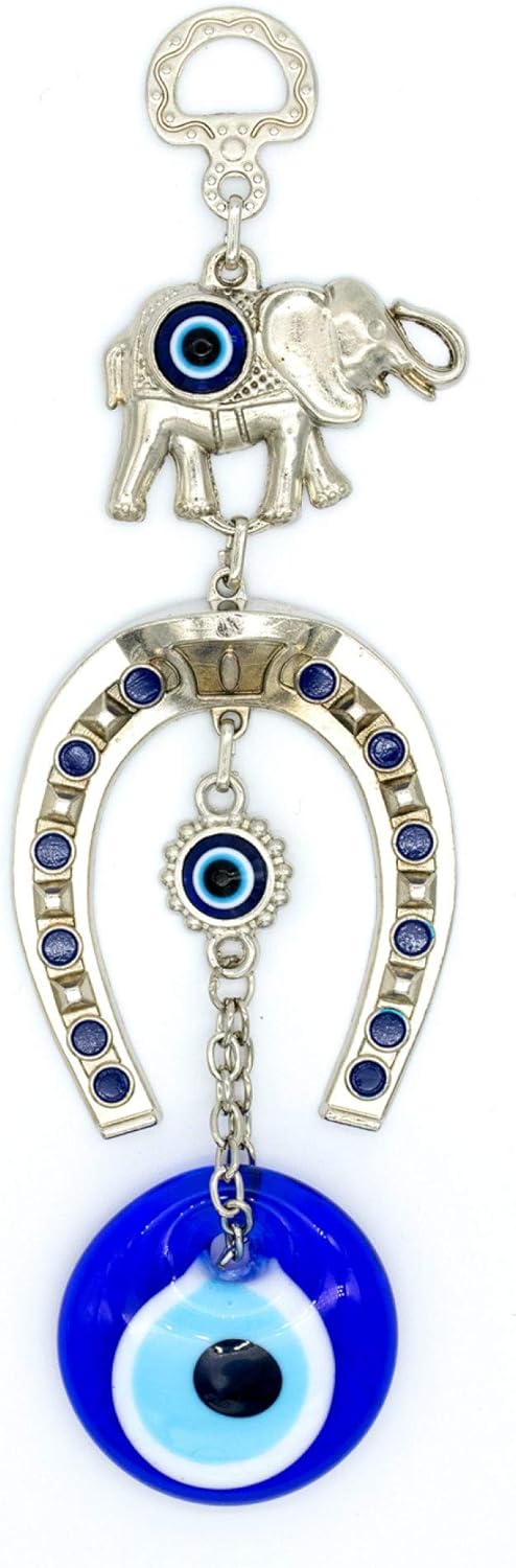 Demiwares Evil Eye Protection Charm, Lucky Horseshoe with Elephant Decor, Metal Wall Hanging Home Decoration for Good Luck and Blessings, Handmade Turkish Ornament (Small Single Elephant)