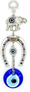 Demiwares Evil Eye Protection Charm, Lucky Horseshoe with Elephant Decor, Metal Wall Hanging Home Decoration for Good Luck and Blessings, Handmade Turkish Ornament (Small Single Elephant)