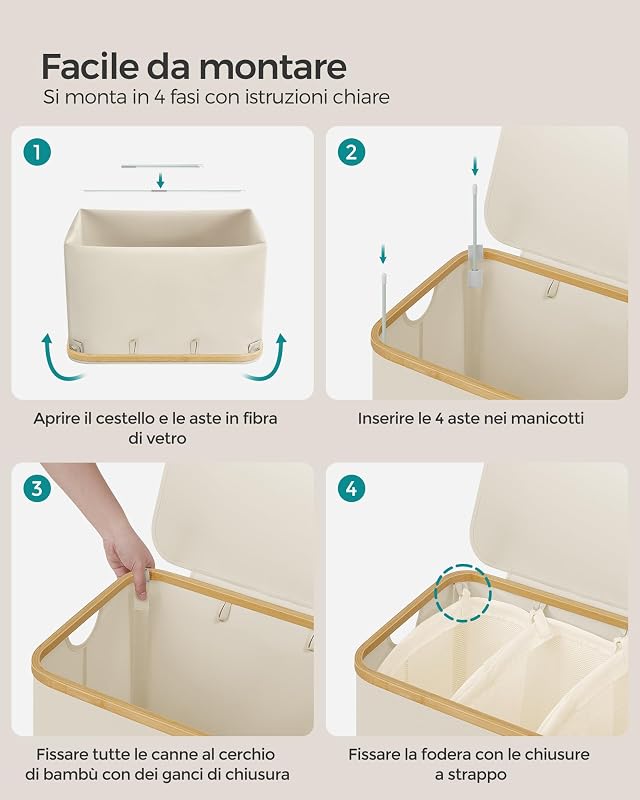 Cesto Portabiancheria con Coperchio, 150 L, Sacco Rimovibile