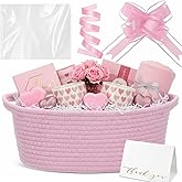 Colingmill Valentine's Day Woven Basket with Gift Bags and 2 Ribbons, Raffia Grass Paper Shred Filler, Gift Card, Empty Small Rope Basket for Storage Presents Toy Organizer(Pink,12 * 8 Inch)