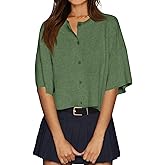 Cicy Bell Womens Half Sleeve Cardigan Sweaters Cropped Button Down Tops Oversized Lightweight Ribbed Knit Summer Outfits