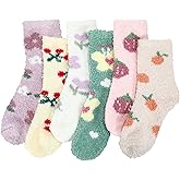 Newcotte 6 Pair Cute Fuzzy Socks Bulk for Women Cottagecore Floral Fluffy Socks Kawaii Warm Thick Soft Slipper Long Sock for Women