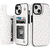 HAOPINSH for iPhone 15 Wallet Case with Card Holder, Floral Flower Pattern Back Flip Folio PU Leather Kickstand Card Slots Case for Women Girls, Double Magnetic Clasp Cover 6.1" (White Leopard)