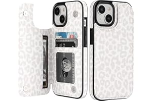 HAOPINSH for iPhone 15 Wallet Case with Card Holder, Floral Flower Pattern Back Flip Folio PU Leather Kickstand Card Slots Case for Women Girls, Double Magnetic Clasp Cover 6.1" (White Leopard)