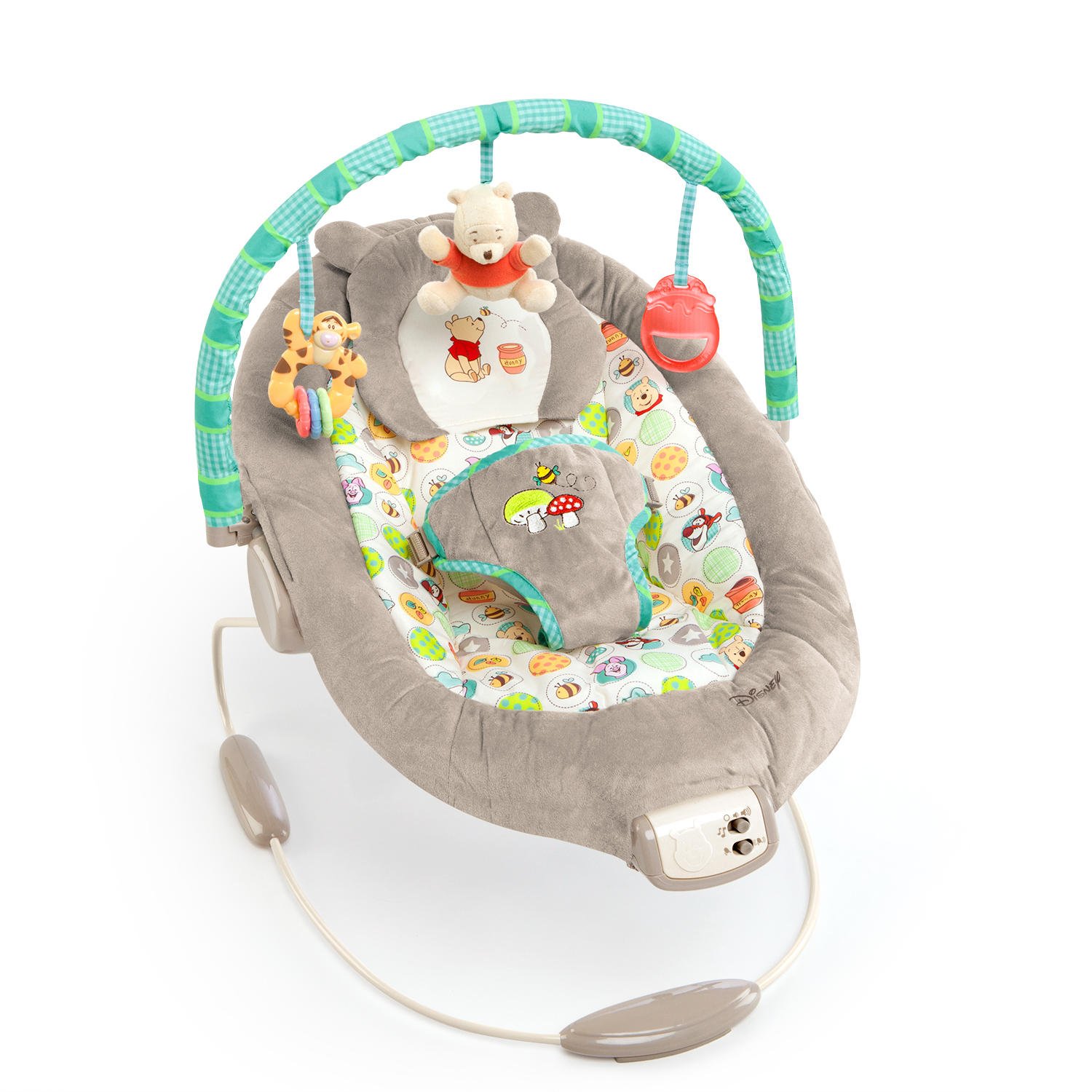 Bright Starts Disney Baby Winnie The Pooh Baby Bouncer Soothing Vibrations Deluxe Infant Seat - Faux Suede, Music, Removable -Toy Bar, 0-6 Months 6-20 lbs (Dots & Hunny Pots)