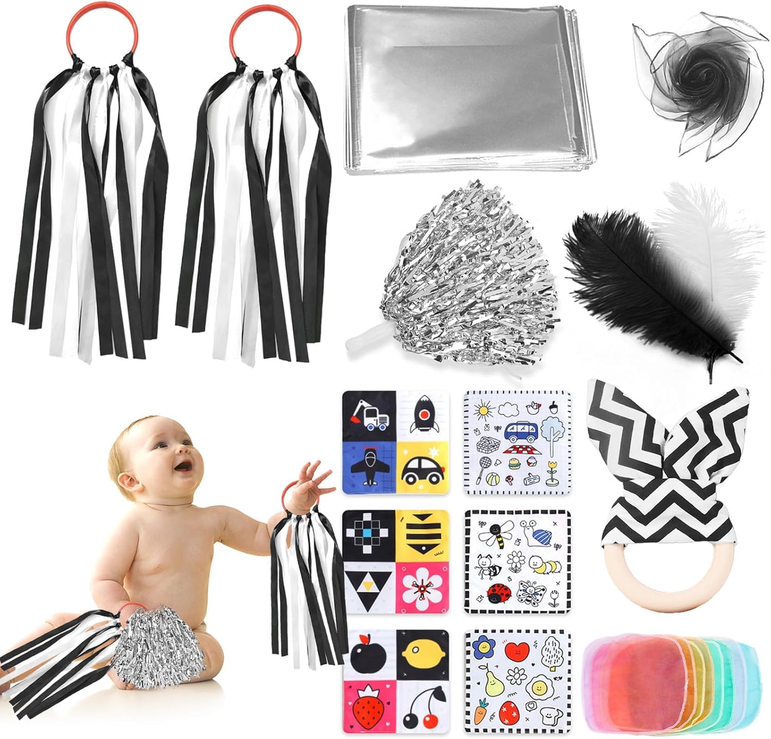 Xerteam Baby Sensory Set, Sensory Foil Blanket Baby Themed Crinkle Papers Rainbow Ribbon Rattle Toy for Babies, Newborn Sensory Toy Scarf Feathers for 0 3 6 9 12 Months (Black & White)