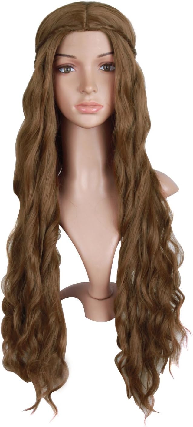 MapofBeauty 30"/75cm Dignified and Elegant Side Bangs Women Long Wavy Curly Cosplay Braided Queen Wigs (Flax Brown)