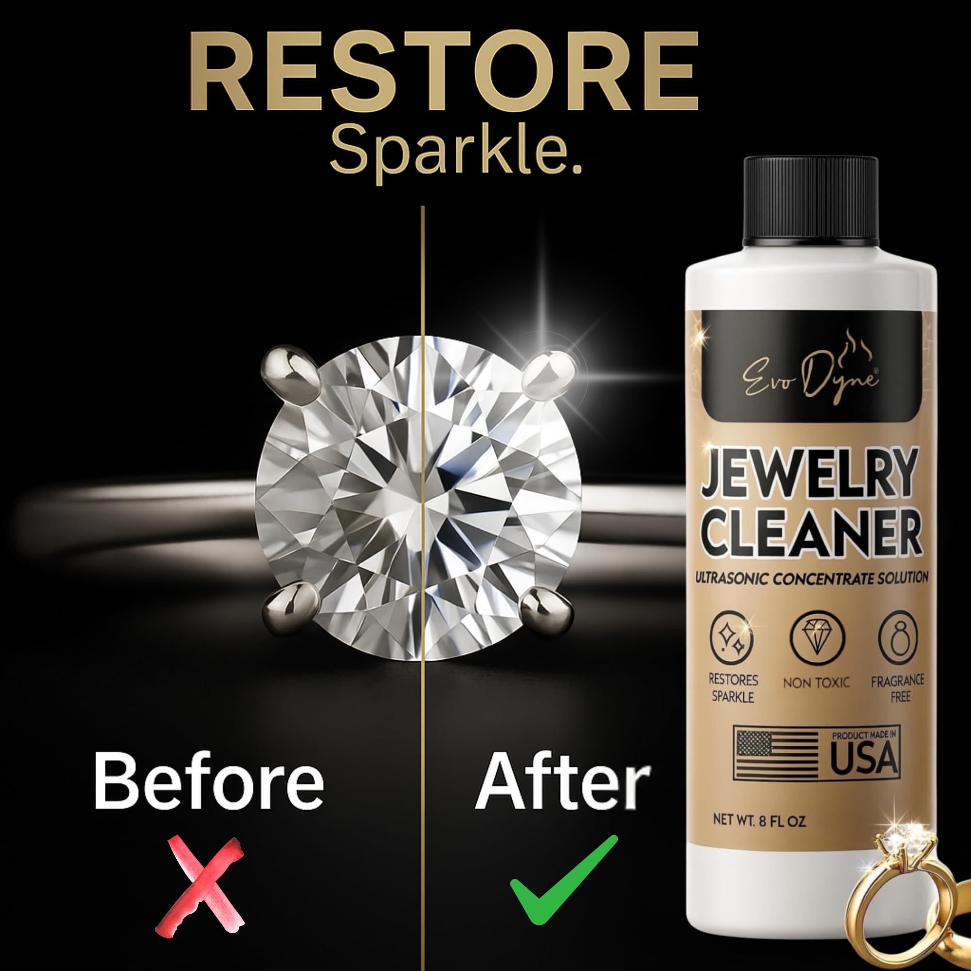 Ultrasonic Jewelry Cleaner Solution (16oz) Concentrated Jewelry Cleaner for Diamonds, Gold, Silver & More | Compatible with Ultrasonic Machine (s) - Made in USA