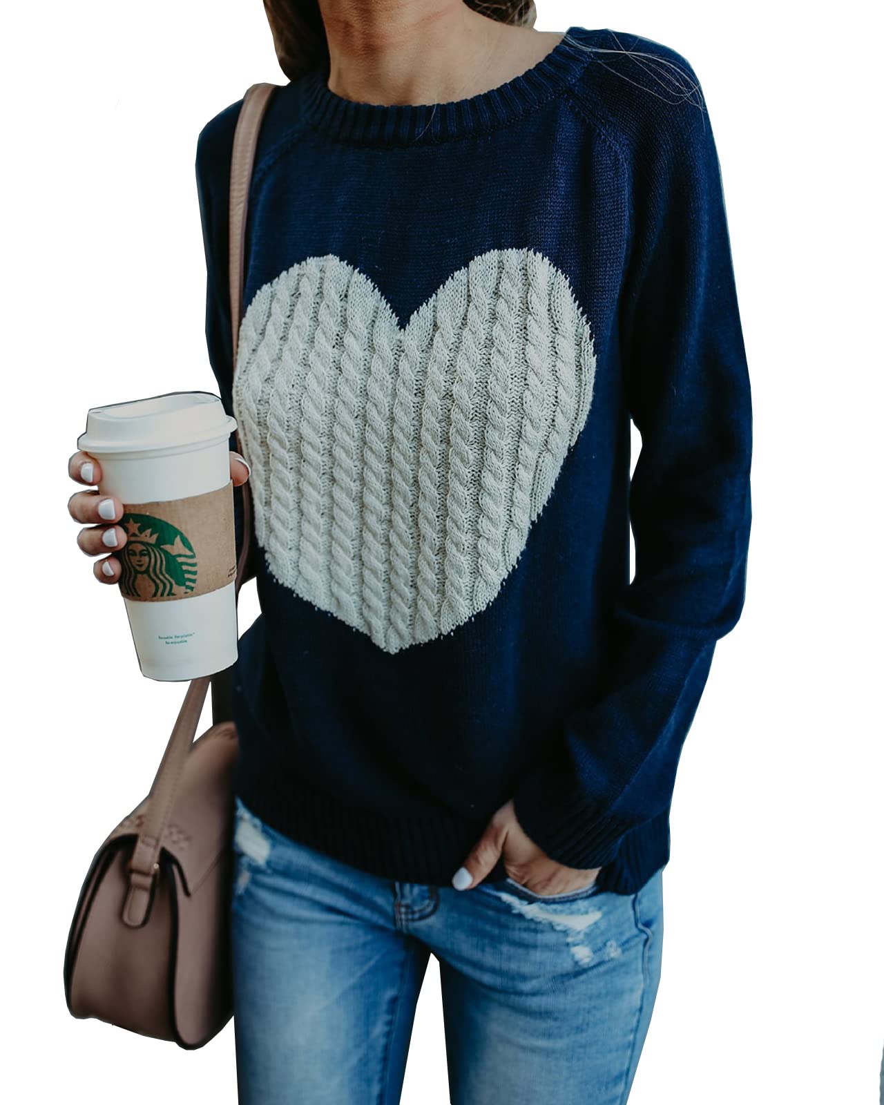 Photo 1 of ***RUNS BIG*** Drvitor Women's Pullover Sweaters Long Sleeve Crewneck Front Ribbed Knitted Cute Heart Sweater (Large, Navy)