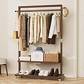 Wamhom Solid Wood Clothes Rack with Wheels | 3-in-1 Freestanding Garment Rack & Coat Tree, Extra-Long Rod, Two Shelves, 220 lb Load | Organizer for Bedroom & Entryway