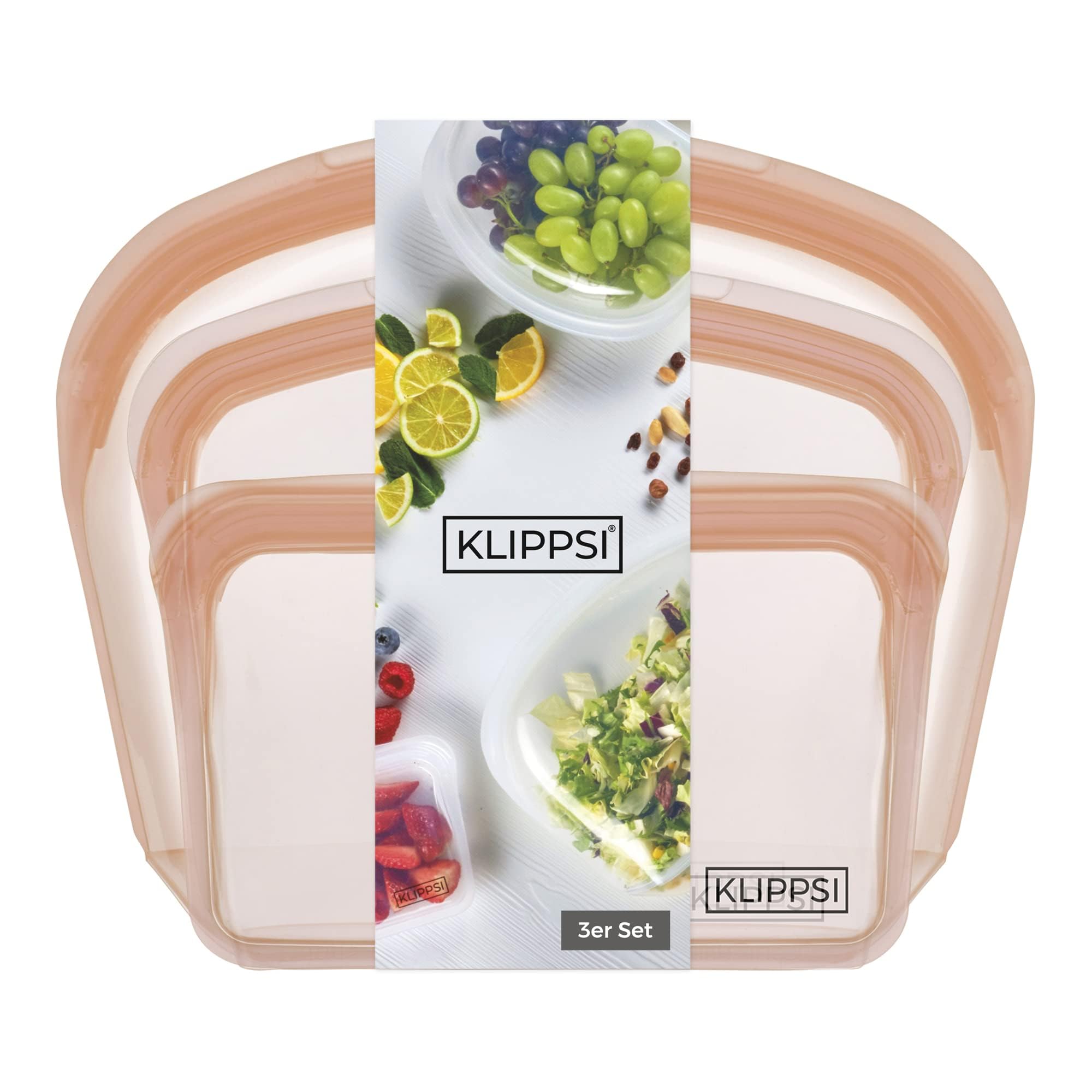 Klippsi® Set 400 ml - 800 ml - 2000 ml - Reusable Silicone Bags for Storing, Cooking, Freezing, Cooking, Dishwasher Safe (Apricot)