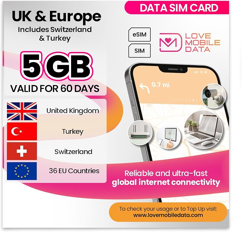 love 2 surf 5GB Data SIM 60 Days UK Europe Switzerland Turkey 4G 5G Prepaid