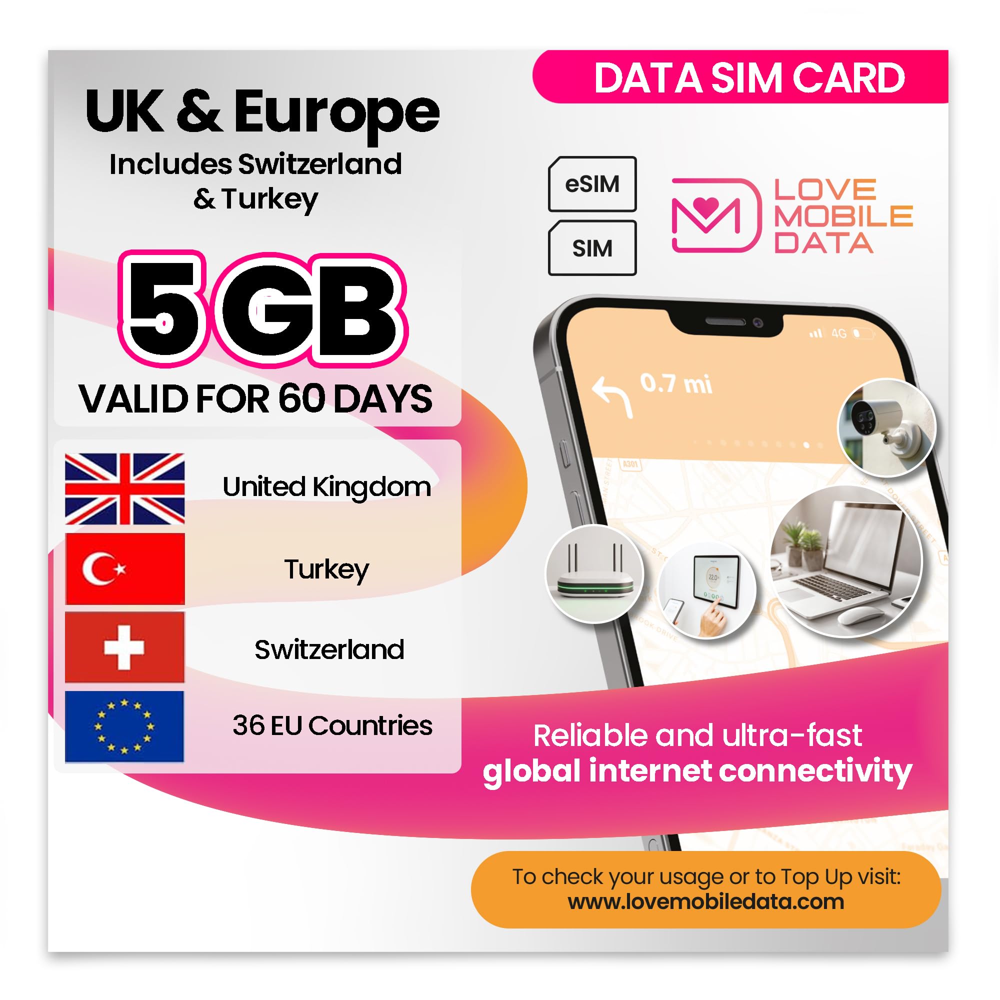 Love Mobile Data Only Sim Card - International Multi-Network 4G/5G Prepaid Data Sim for Mobile Phones, WiFi Routers, & More, UK (O2, Three & Vodafone), Europe, Switzerland & Turkey - 5GB for 60 Days