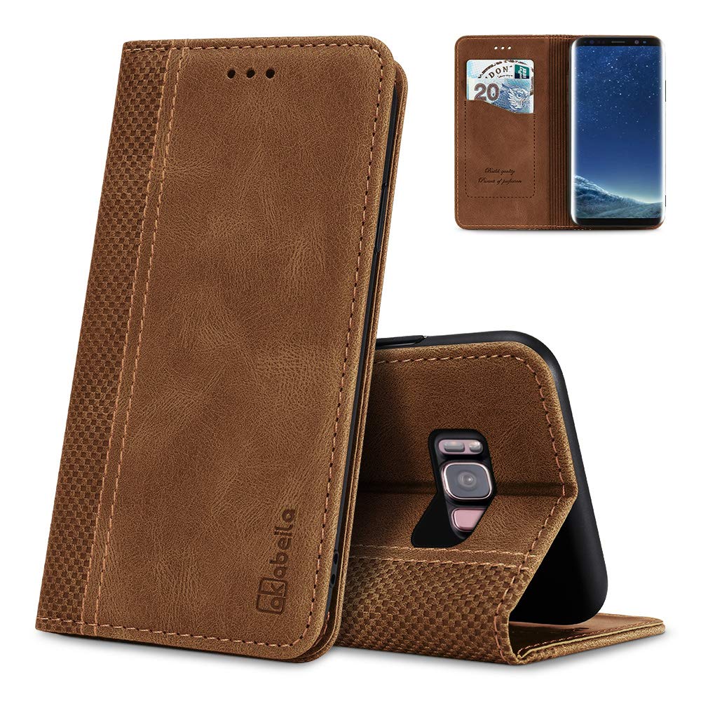 AKABEILA Case for Samsung Galaxy S8 Premium Leather Flip Wallet Case with Magnetic Closure Kickstand Card Slots Folio Phone Case Cover Shockproof Light Brown