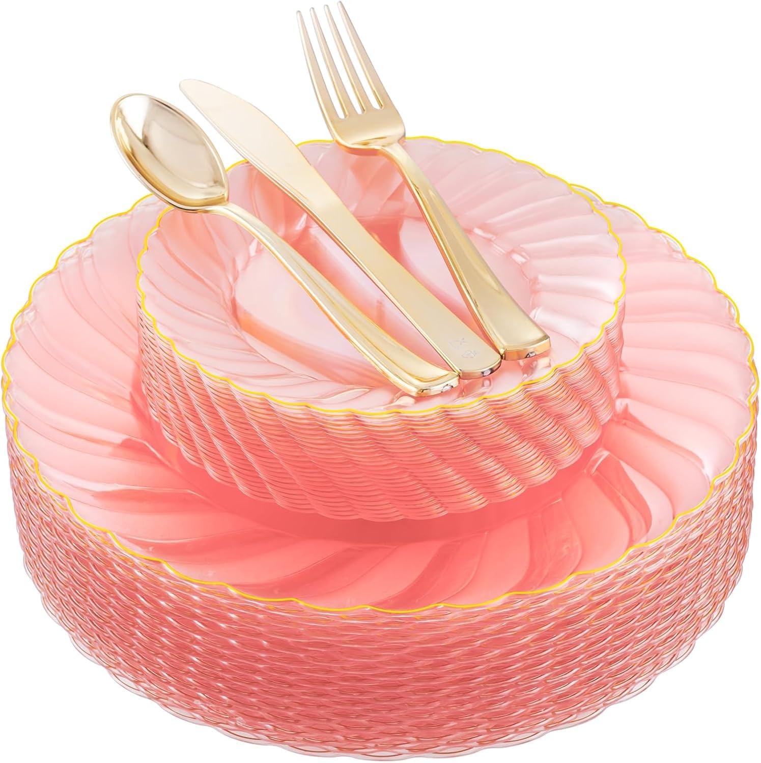 Photo 1 of YOUBET 125Pieces Clear Pink Plastic Plates with Gold Rim - Gold Plastic Silverware Include 25 Dinner Plates 25 Dessert Plates 75 Golden Silverwares for Wedding Birthday & Parties