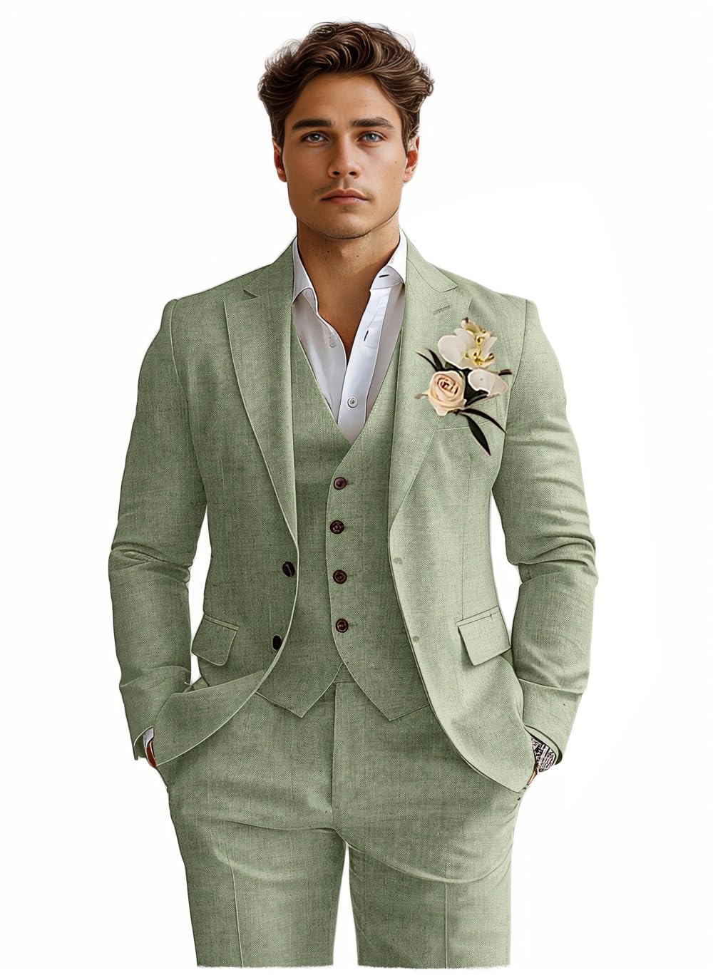 Photo 1 of Diaryan Men's Suits Linen Sage Green Big and Tall Suit for Men Beach Wedding Prom Suits Grooms Tuxedos Mens Tux Jacket Vest Pant L