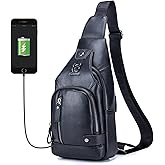 BULLCAPTAIN Men Crossbody Bag with USB Charging Port Genuine Leather Shoulder Sling Chest Bag Travel Hiking Backpack (Black)