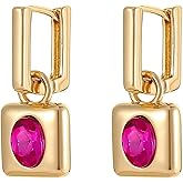 Birthstone Crystal Dangle Drop Earrings, 14K Gold-tone Plated Huggie Hoop Hypoallergenic Earring Pink and Green Gemstone Dangle Earrings Jewelry Gifts for Women