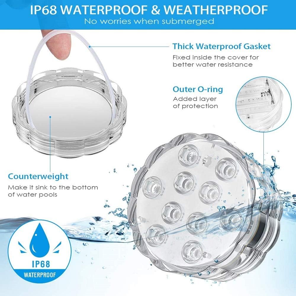 10 LED Submersible Lights, Hot Tub Lights with Remote Control, Multicolor RGB Waterproof Underwater Light - Image 4