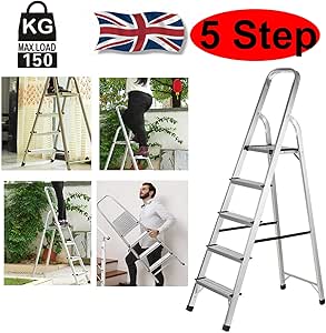 Escalera de 5 peldaños, plegable y antideslizante, escalera de aluminio