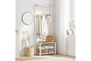 AEPOALUA Hall Tree with Bench and Shoe Storage, 3-in-1 Coat Rack Shoe Bench, Freestanding Wooden Coat Rack with Metal Frame, 3-Tier Storage Shelf and 5 Removable Hooks, White