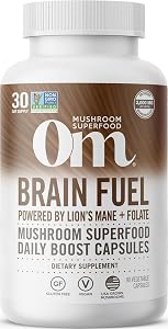 OM MUSHROOM SUPERFOOD Brain Fuel Mushroom Powder Capsules Superfood Supplement, 90 Count, 30 Days, Lion's Mane, Reishi Blend 