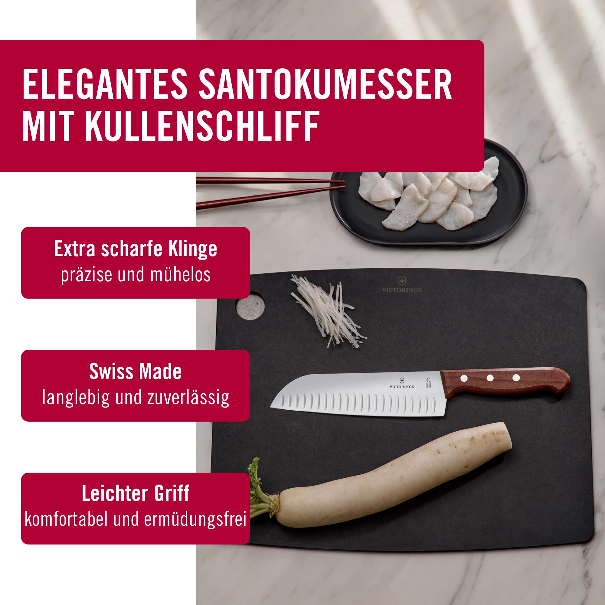 Victorinox Wood Santokumesser, Japanisches Kochmesser, 17 cm, Kullenschliff 5