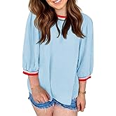 Tankaneo Womens Crew Neck Tunic Tops Casual Loose Fit Color Block Blouse 3/4 Puff Sleeve Textured Shirts