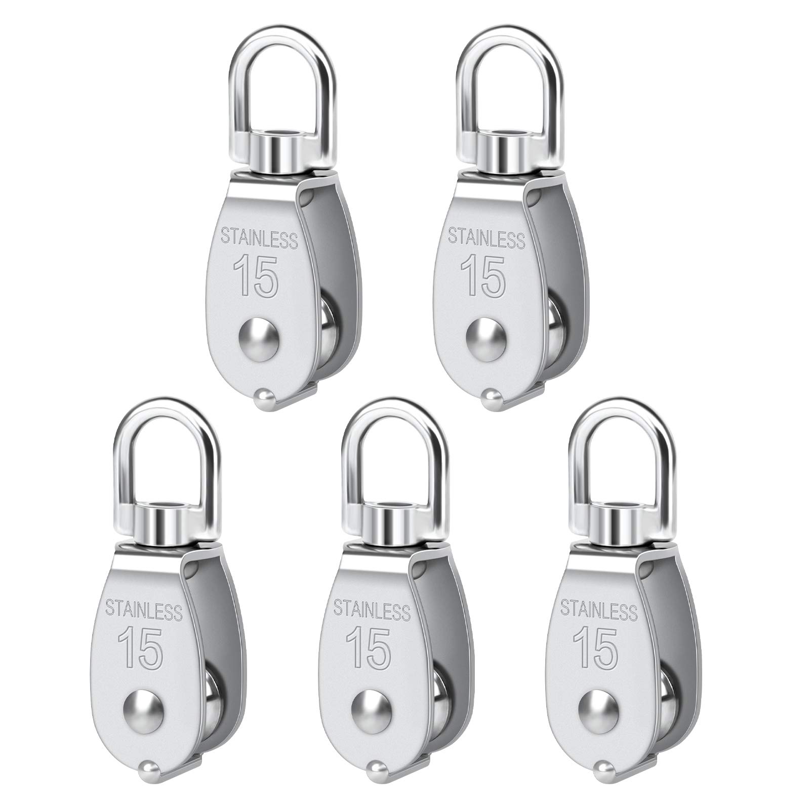 5 Pack M15 Single Pulley Block 304 Stainless Steel Pulley Block Heavy Duty Anti-Rust Durable Prevent Rope From Knotting Loading 35kg/77lbs