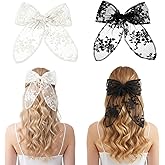 Matwsec 2 Pcs Large Lace Hair Bows for Women, Tulle Hair Bows Clips with Long Tail, Cute Translucent Mesh Bow Barrette for Wedding Pageant Prom Birthday Party Bridal Shower Gift (Black and White)