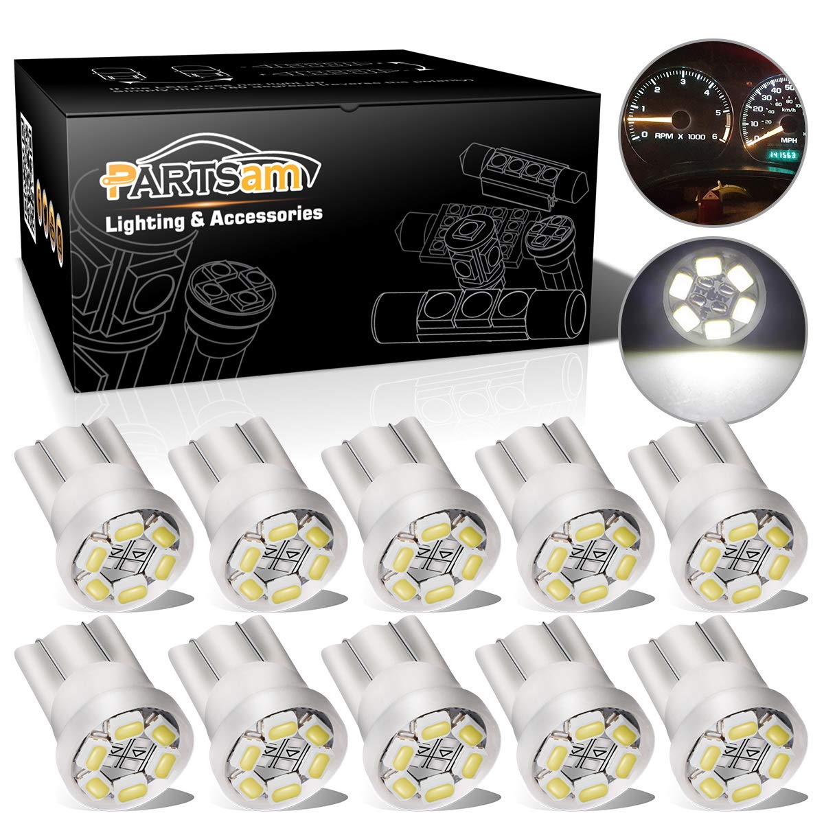 Partsam T10 194 LED Light bulb 168 LED Bulbs Bright Instrument Panel Speedometer Gauge Cluster Dashboard LED Light Bulbs Set 10 T10 LED Bulbs - White 10Pcs