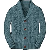 Boy's Sweater Cardigan Button Down Shawl Collar Cable Knitted Outwear Long Sleeve Sweater Coats with Pockets