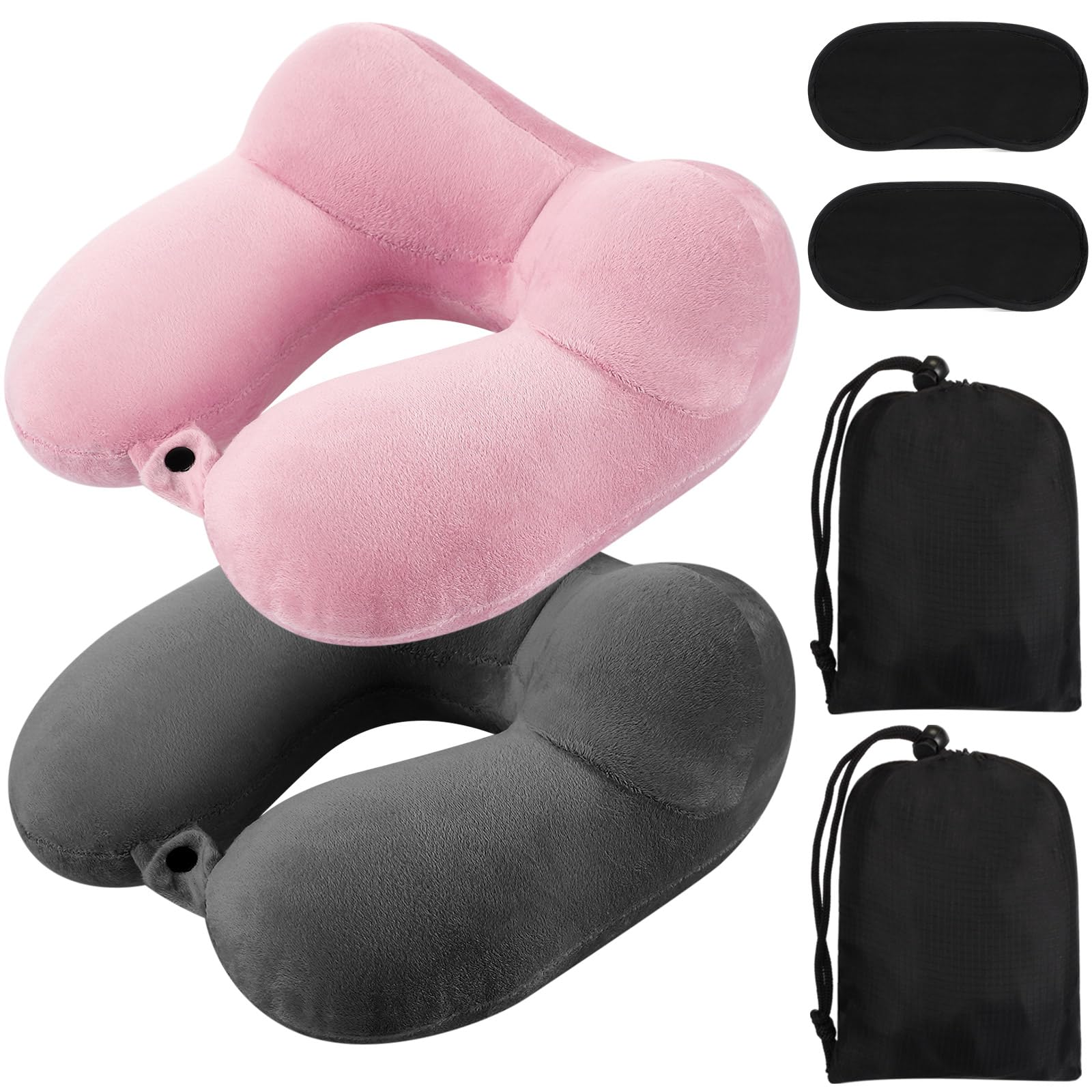 Photo 1 of (BAGGED) (USED/FAIR) Sintuff 2 Pack Inflatable Travel Pillow for Airplanes Inflatable Neck Flight Pillows with Compact Bag and Blindfold for Traveling, Airplane, Train, Car, Office(Dark Gray and Light Pink)