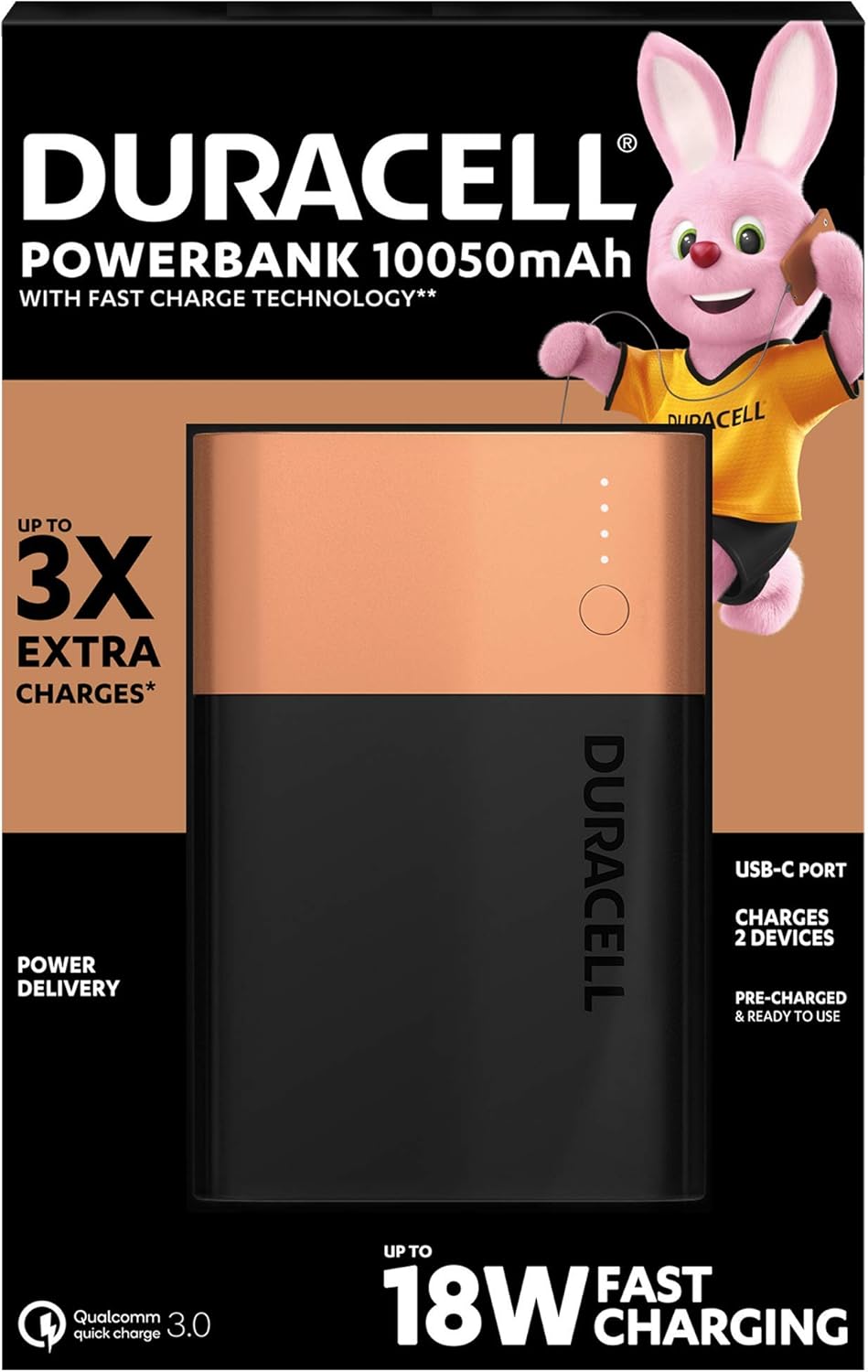 Duracell Power Bank 10050 mAh, Portable Charger with USB C + Fast Charge Technology IN / OUT, Black, Unit pack