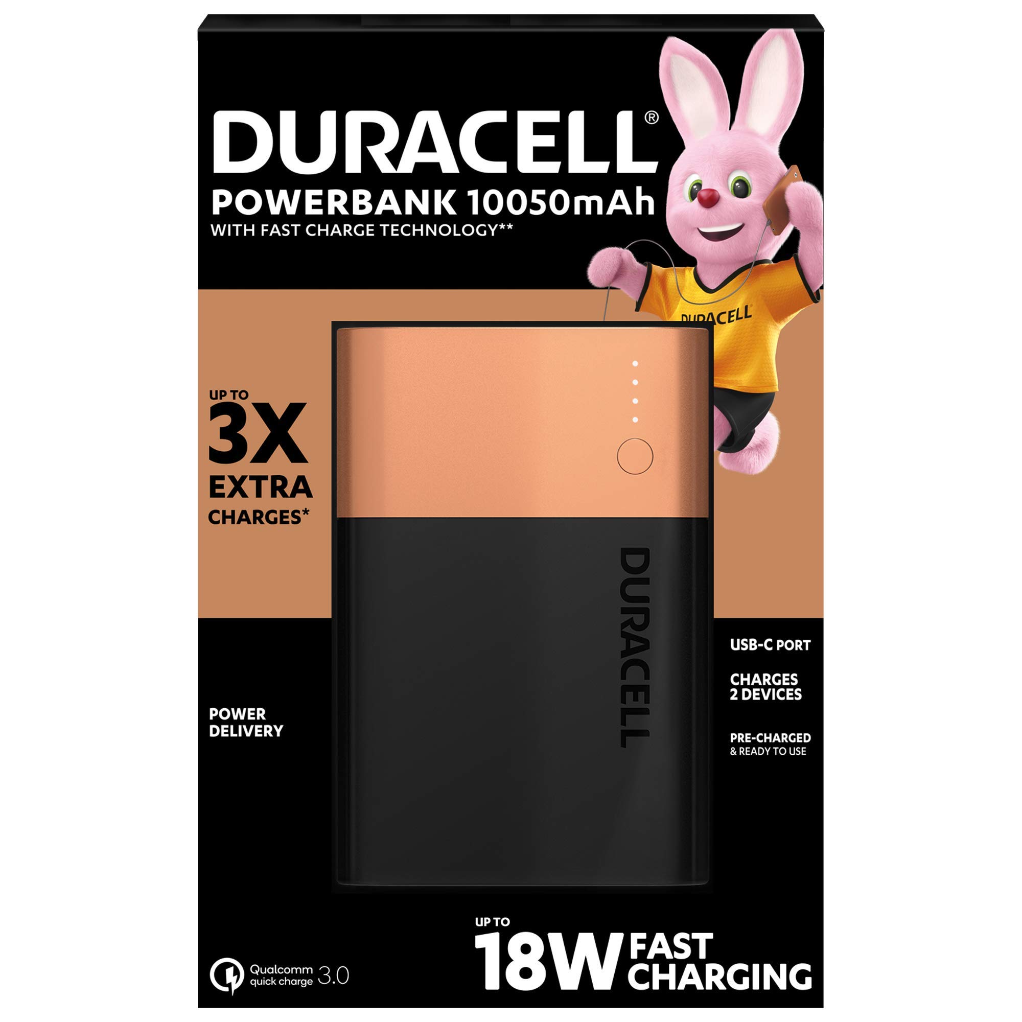 Duracell Power Bank 10050 mAh, Portable Charger with USB C + Fast Charge Technology IN / OUT