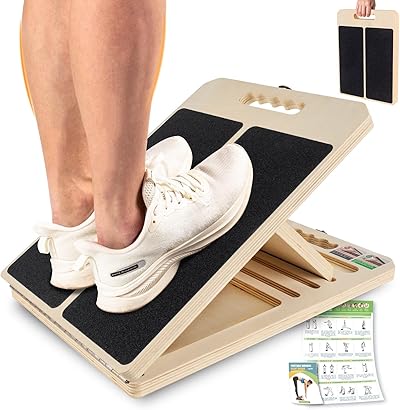 Wadendehner Schrägbrett aus Holz, Slant Board mit 5 Winkeln und Trainingsposter, Verstellbar Wadenstrecker mit Tragegriff, Mobility Board für Wadenstreckung