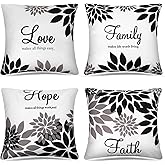 Tatuo 4 Pcs Flower Pillow Covers Square Winter Pillow Cushion Cases 18x18 Inch, Family Faith Hope Love Words Decorative Spring Summer Cushion Case for Bed Couch Sofa Living Room(Black Series)