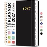 2027 Planner, Weekly &amp; Monthly Calendar Book, Jan-Dec 2027, A5, 6.4" x 8.5" | 23 Notes Pages, Hardcover, Monthly Tabs, Spiral Binding, Inner Pocket, Ideal for Home, Office &amp; School, Black