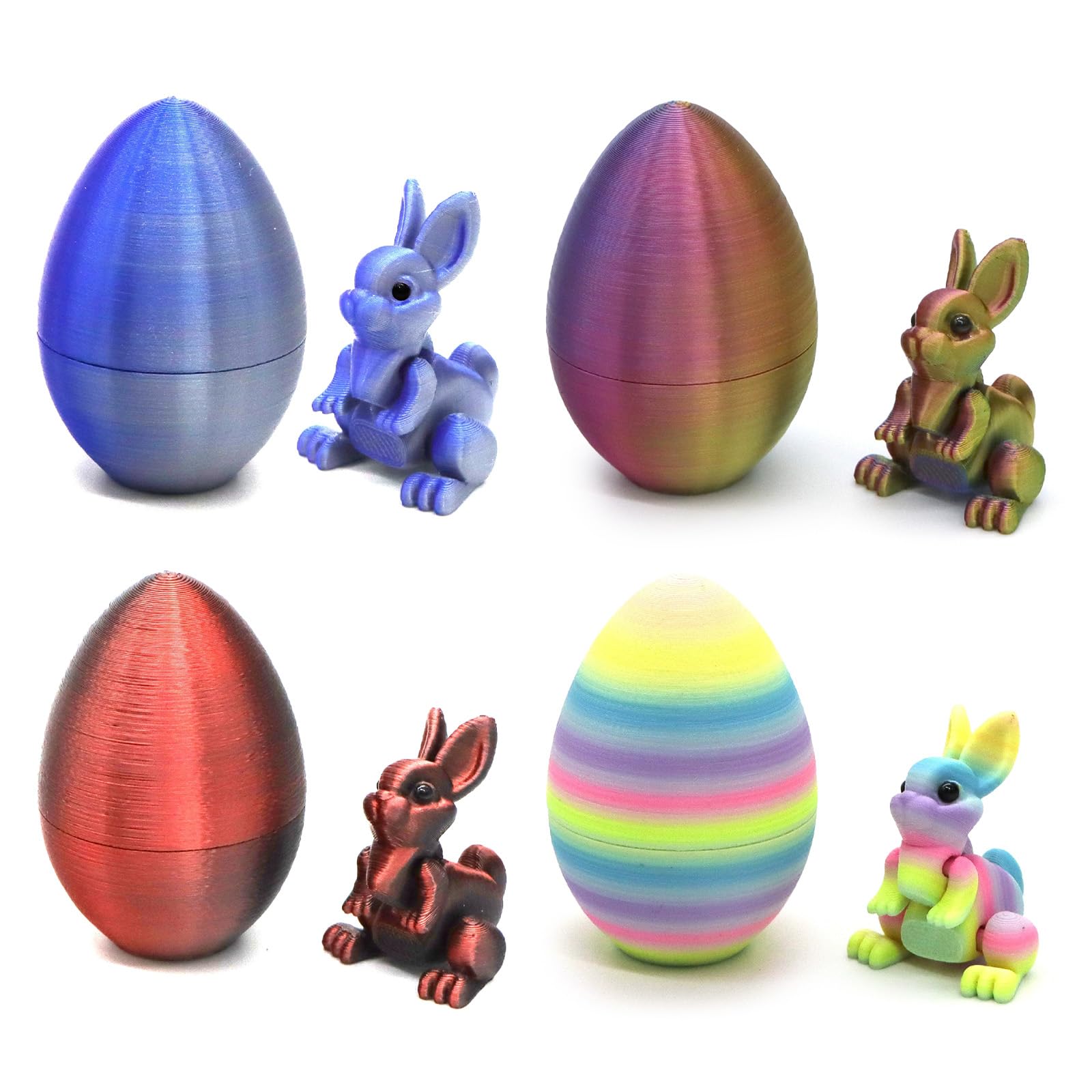 4Pcs 3D Printed Easter Eggs with Bunny Inside Colourful Animal Figurine Set, Easter Basket Fillers, Cute Articulated Flexible Fidget Bunnies for Home Desk Pet Decorations, Surprise Rabbit Gift