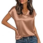 Women Silk Satin Short Sleeve V Neck Blouse - Business Casual Dressy Tops for Women