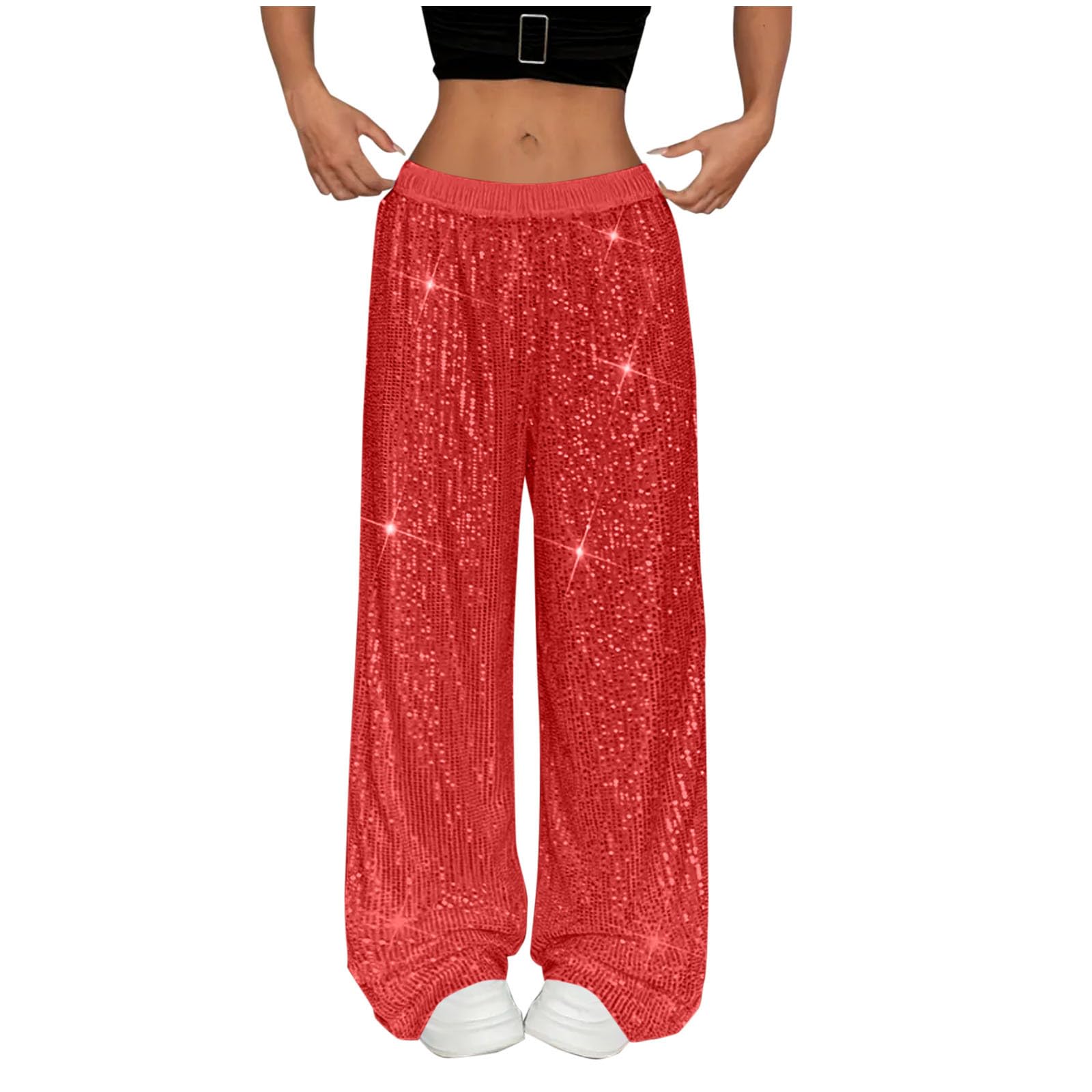 FOCLMP Sequin Pants Women Holiday Party Elastic Waist Sparkly Palazzo Trousers Evening Club Disco Straight Leg Glitter Bottom Christmas Party Dress Pants for Women Red L