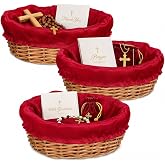 Hushee 3 Pack 9.1 Inch Round Offering Baskets for Church Wicker Offering Basket with Removable Liner Rattan Bowls Wicker Woven Bread Container for Church Receiving Gift(Red Liner)